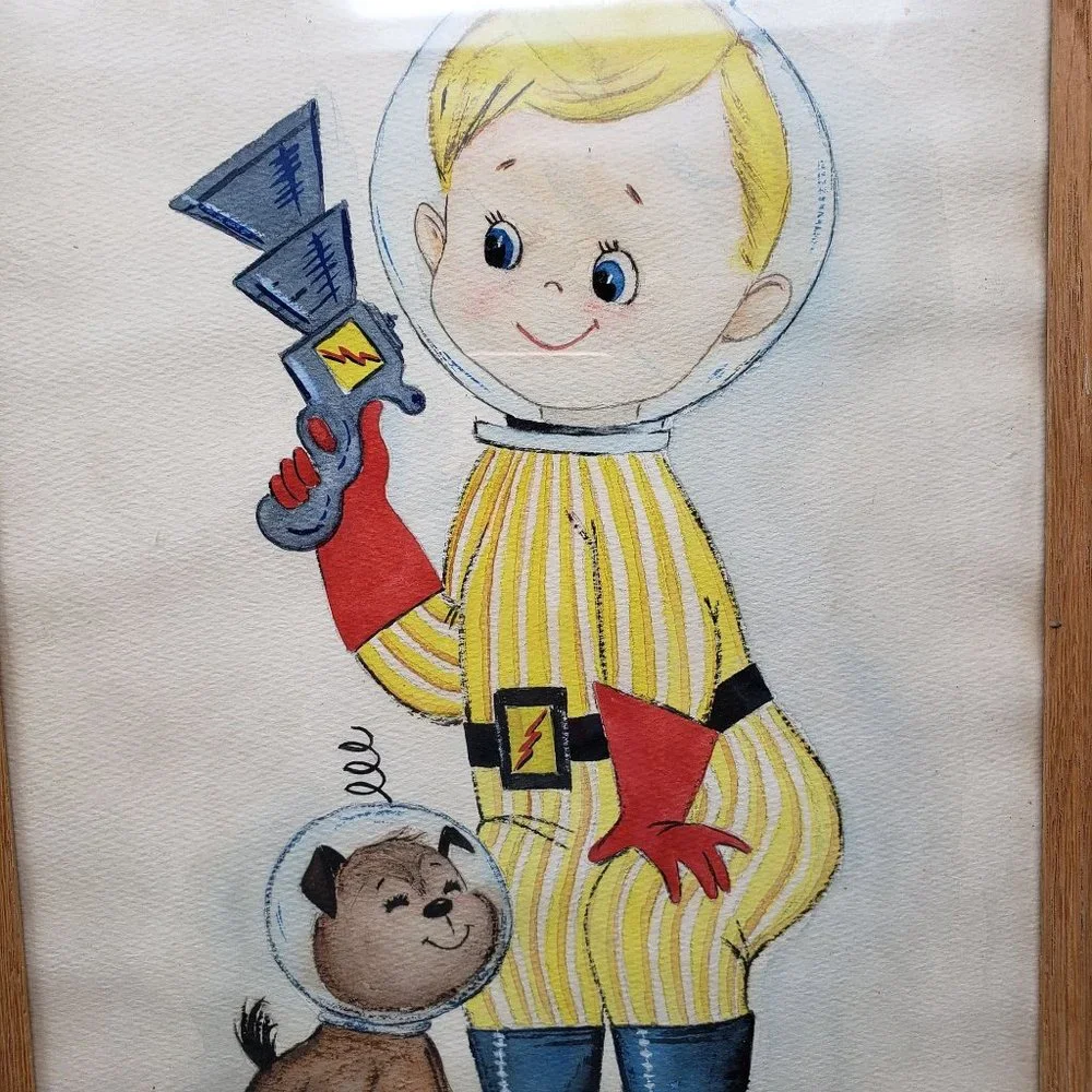 Vintage Child Art Paintings Pirate Astronaut Set Framed Watercolor Signed